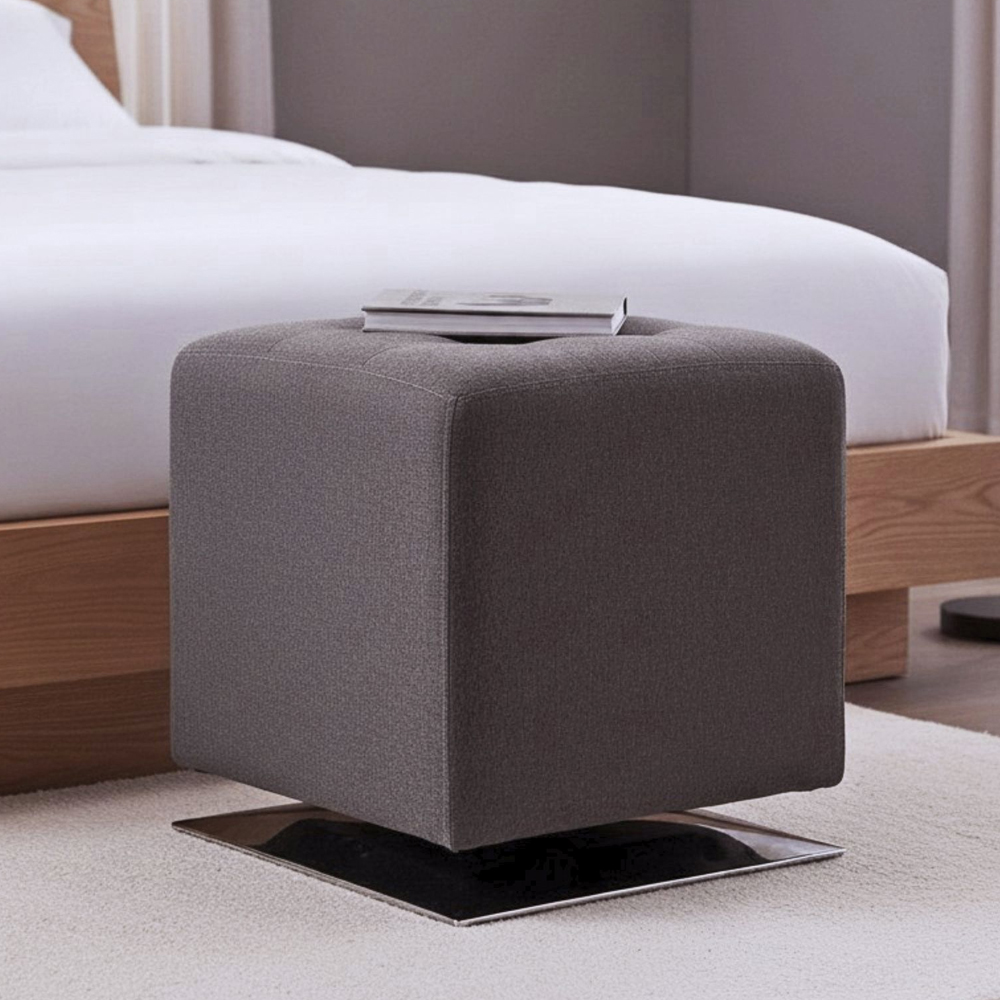 Berto Square Fabric Footstool with Chrome Metal Base in Anthracite