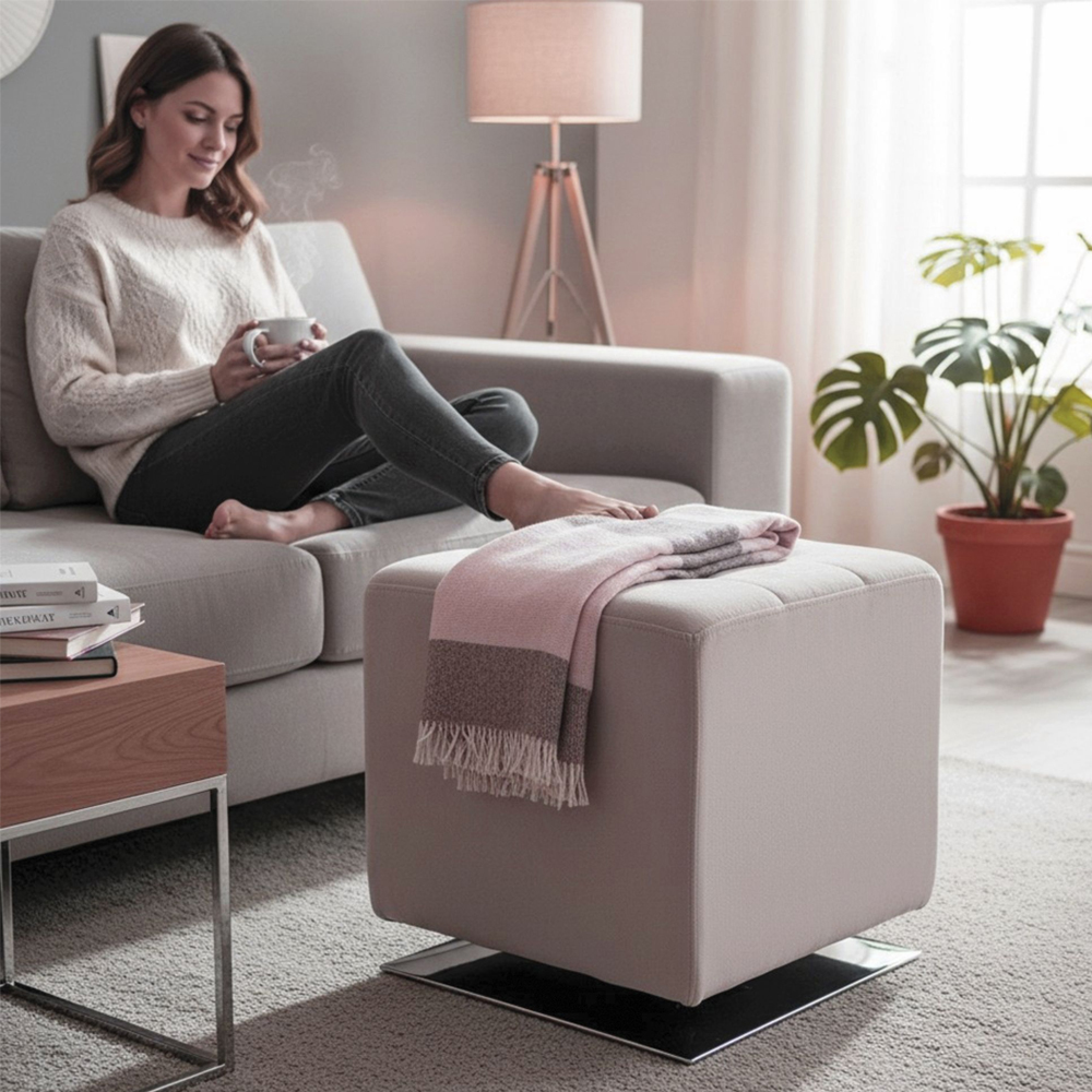 Berto Square Velvet Footstool with Chrome Metal Base in Cashmere Grey