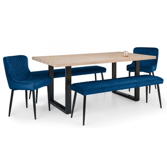 Bacca Oak Dining Table With Benches And Blue Chairs_1