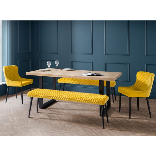 Bacca Oak Dining Table With Benches And Mustard Chairs