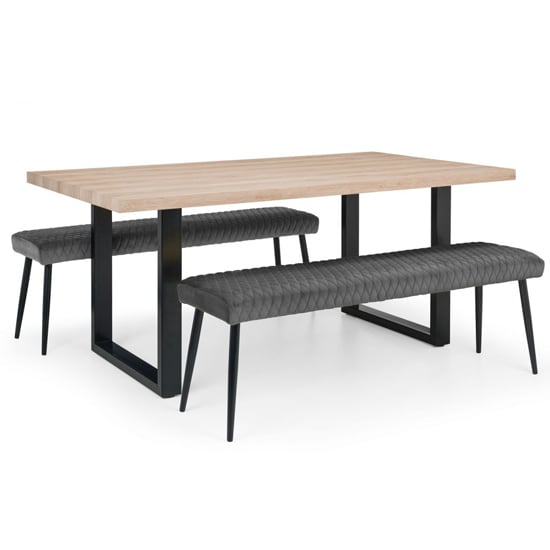 Bacca Oak Dining Table With 2 Lakia Low Grey Benches