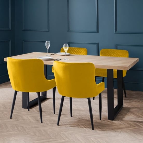 Bacca Oak Dining Table With 4 Lakia Mustard Velvet Chairs_1