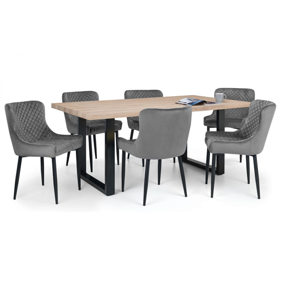 Bacca Oak Dining Table With 6 Lakia Grey Velvet Chairs