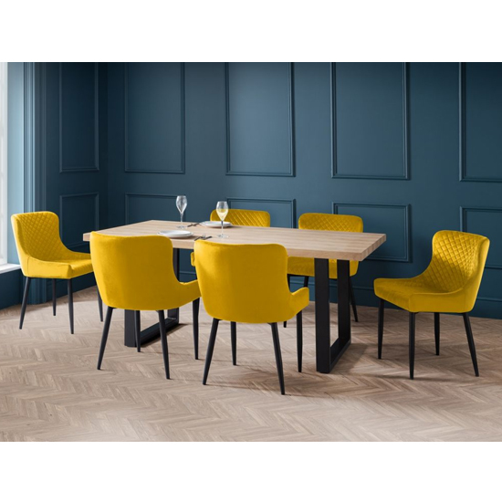Bacca Oak Dining Table With 6 Lakia Mustard Velvet Chairs
