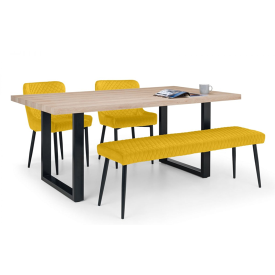 Bacca Oak Dining Table With Bench And 2 Lakia Mustard Chairs