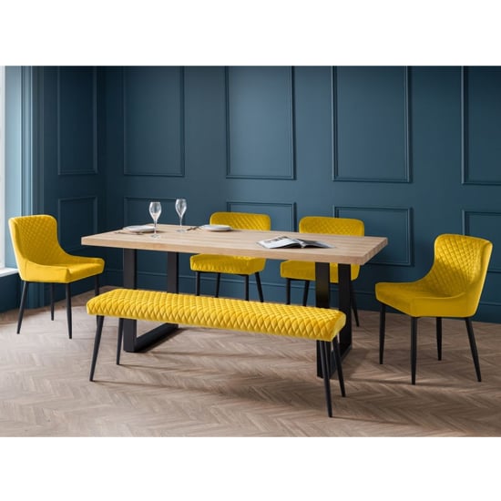 Bacca Oak Dining Table With Bench And 4 Lakia Mustard Chairs