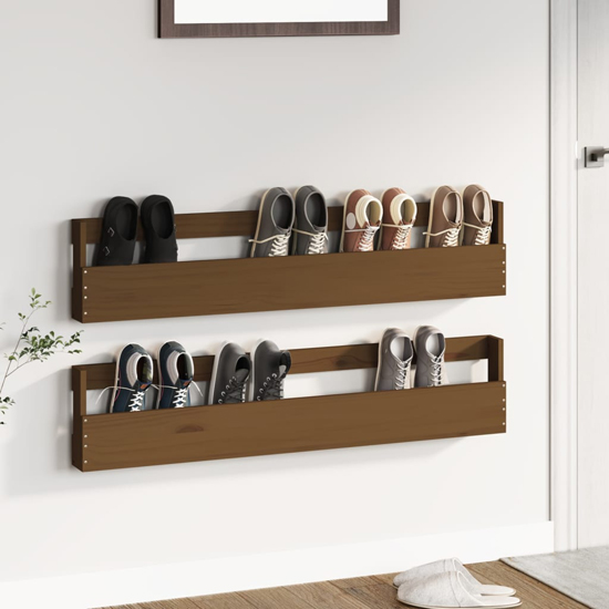 Bessemer Pinewood WallMounted Shoe Storage Rack In Honey Brown