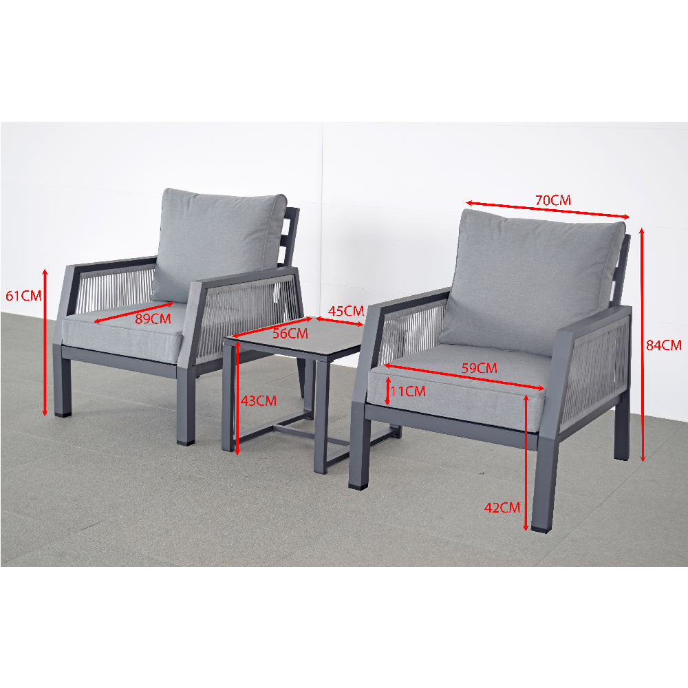 Bessie Aluminium Garden 3 Piece Lounger Set With Cusions In Grey