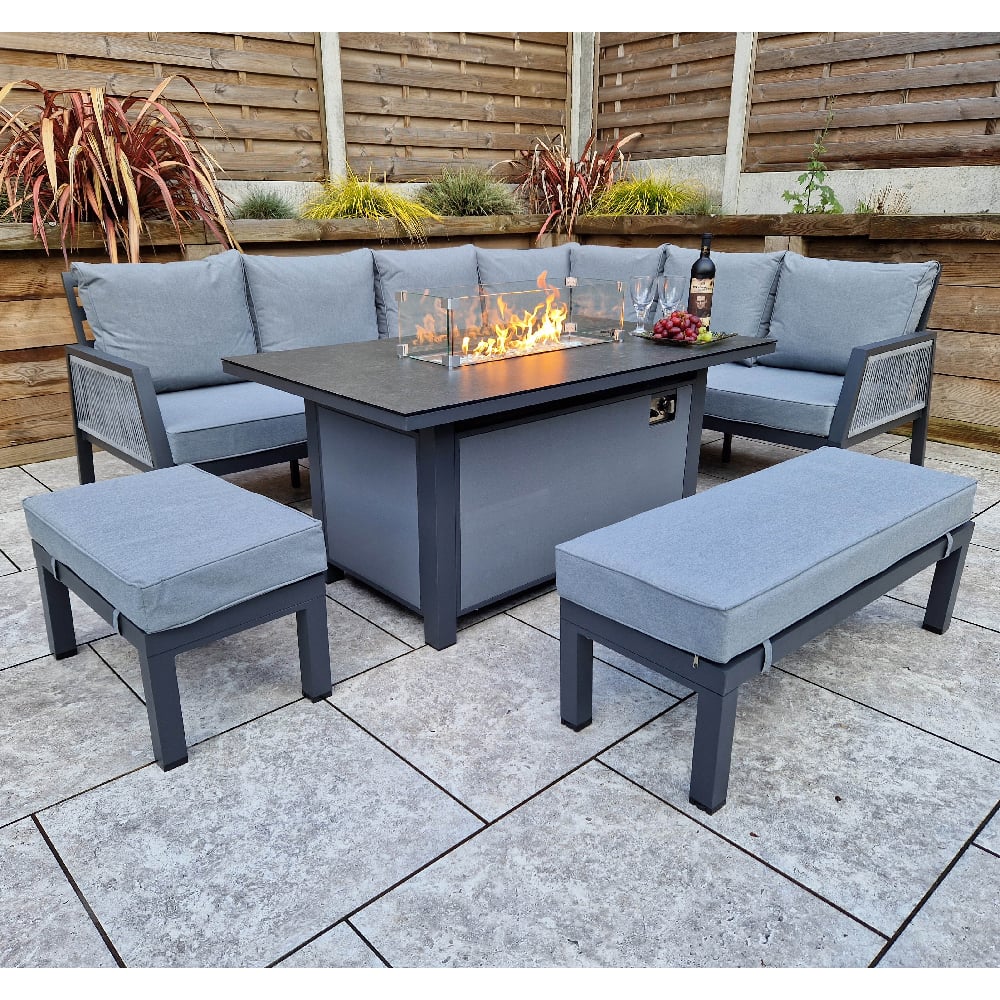 Product photograph of Bessie Glass Top Garden Corner Dining Set With Firepit In Grey from Furniture in Fashion