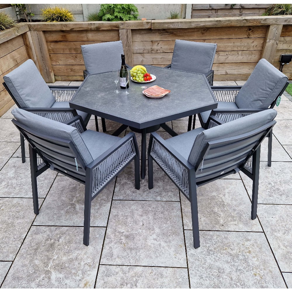 Product photograph of Bessie Glass Top Garden Hexagon Dining Set With 6 Chairs In Grey from Furniture in Fashion