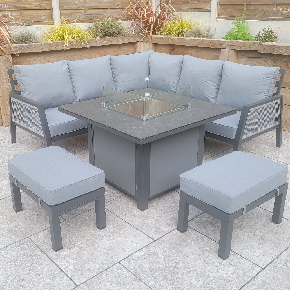 Product photograph of Bessie Glass Top Garden Square Dining Set With Firepit In Grey from Furniture in Fashion