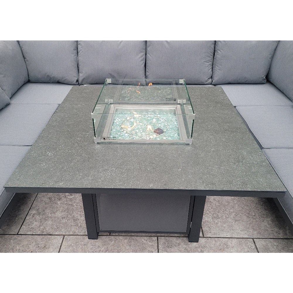 Bessie Glass Top U Shaped Garden Seating Set With Fire Pit In Grey