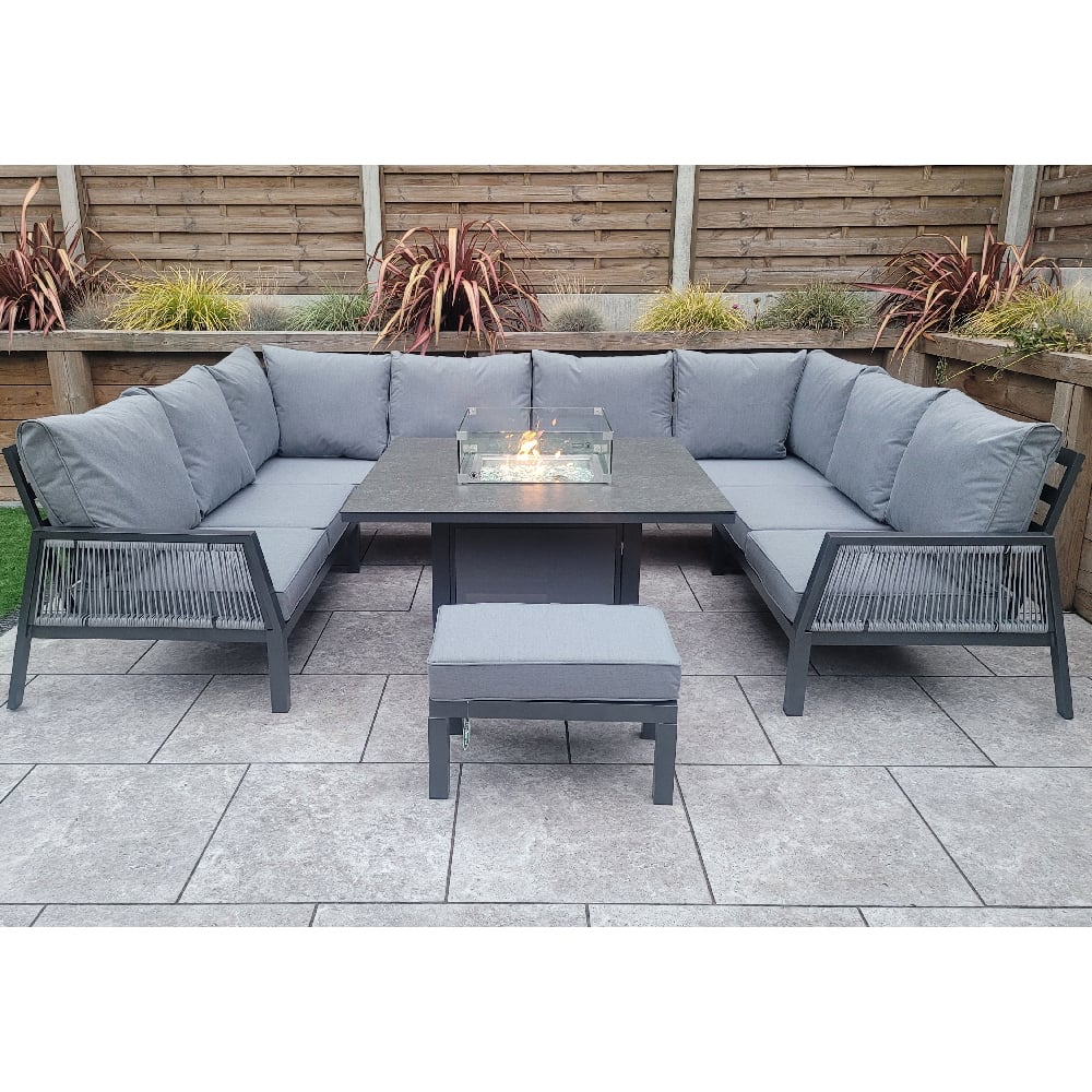 Product photograph of Bessie Glass Top U Shaped Garden Seating Set With Fire Pit In Grey from Furniture in Fashion