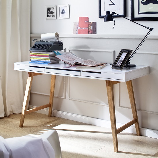 Read more about Bethan laptop desk in matt white with wooden legs