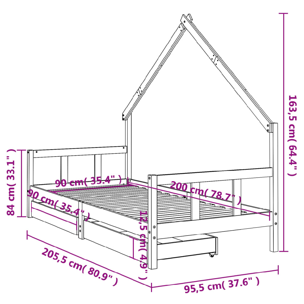 Bethel 90x200cm Wooden Children Daybed In Black