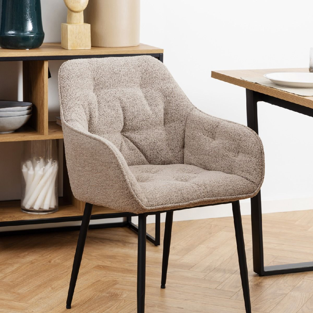 Bethel Beige Fabric Dining Chairs With Arms In Pair