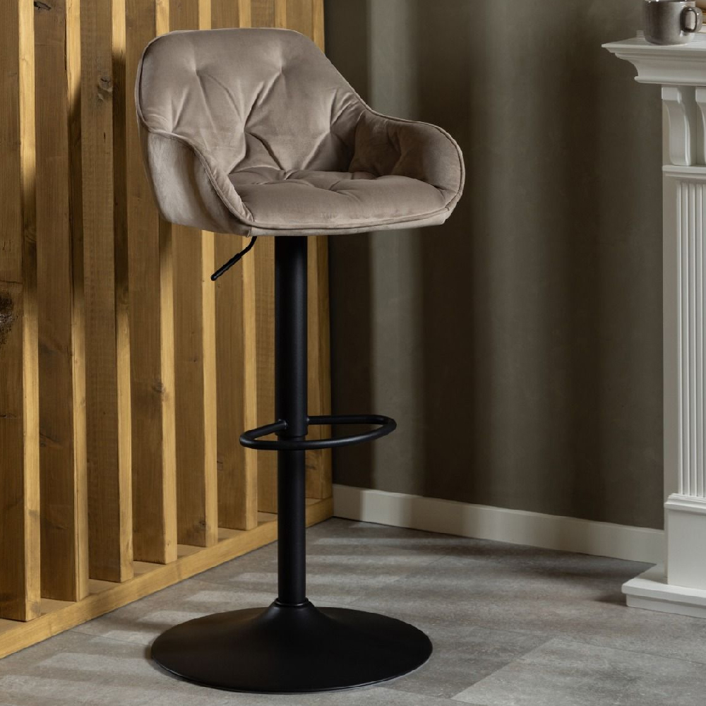 Bethel Beige Velvet Bar Stools With Black Base In Pair