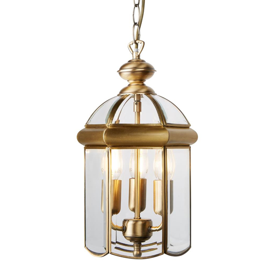 Photo of Bevelled 3 lights glass lantern pendant light in antique brass