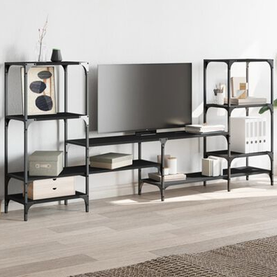 Read more about Beverley wooden tv stand with 8 shelves in black