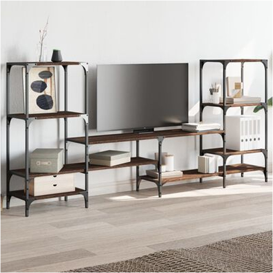 Beverley Wooden TV Stand With 8 Shelves In Brown Oak