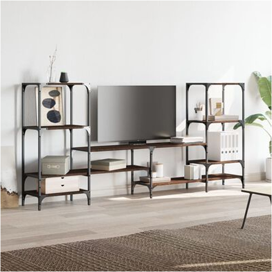 Read more about Beverley wooden tv stand with 8 shelves in brown oak