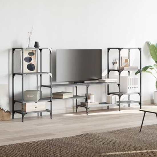 Read more about Beverley wooden tv stand with 8 shelves in grey sonoma oak