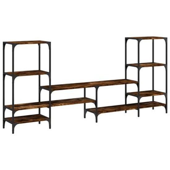 Beverley Wooden TV Stand With 8 Shelves In Smoked Oak