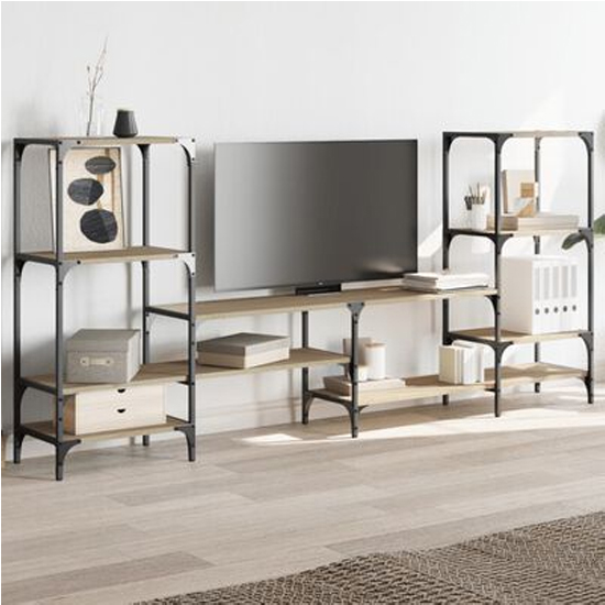 Beverley Wooden TV Stand With 8 Shelves In Sonoma Oak
