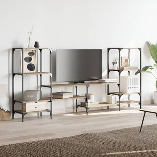 Beverley Wooden TV Stand With 8 Shelves In Sonoma Oak