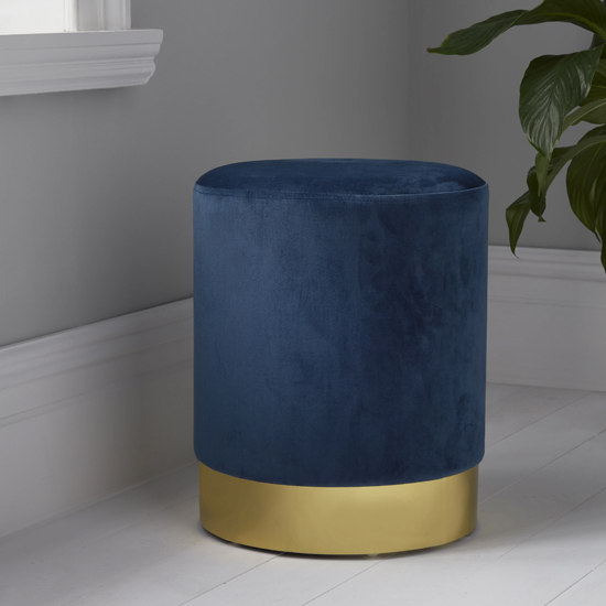 Beverly Round Velvet Stool In Mystique Blue And Gold