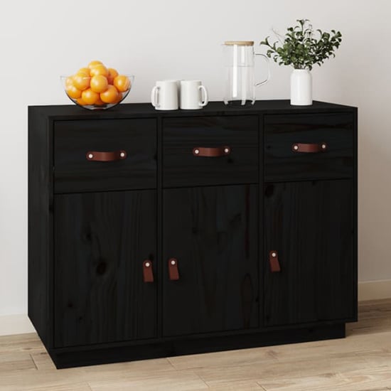 Beyza Pinewood Sideboard With 3 Doors 3 Drawers In Black Furniture in