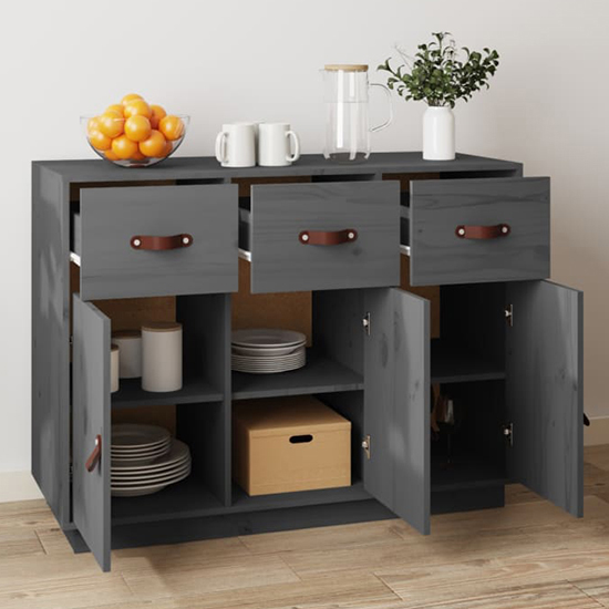 Beyza Pinewood Sideboard With 3 Doors 3 Drawers In Grey