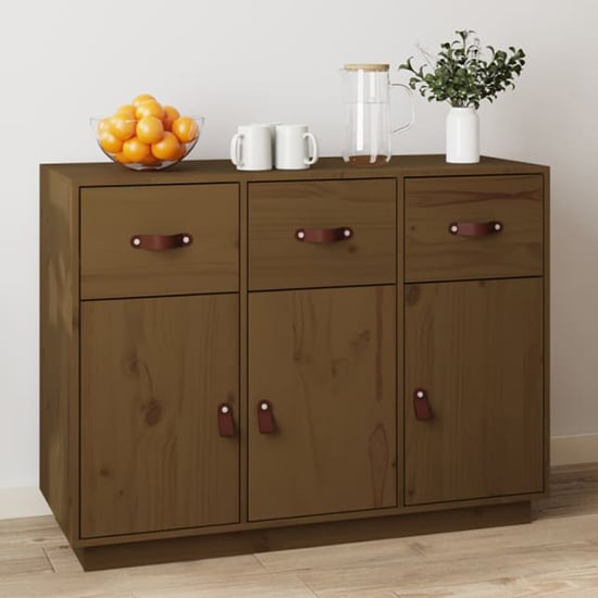 Read more about Beyza pinewood sideboard with 3 doors 3 drawers in honey brown