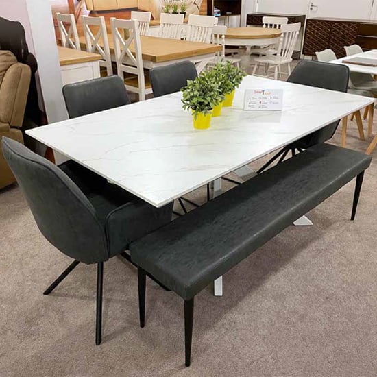 Product photograph of Bianco Extending Dining Table Set With 4 Chairs And Darcy Bench from Furniture in Fashion