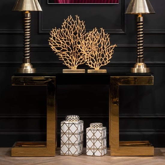 Bibha Black Glass Top Console Table With Gold Frame