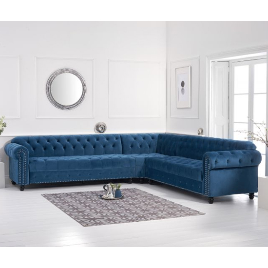 Bicasto Chesterfield Velvet Corner Sofa In Blue_2
