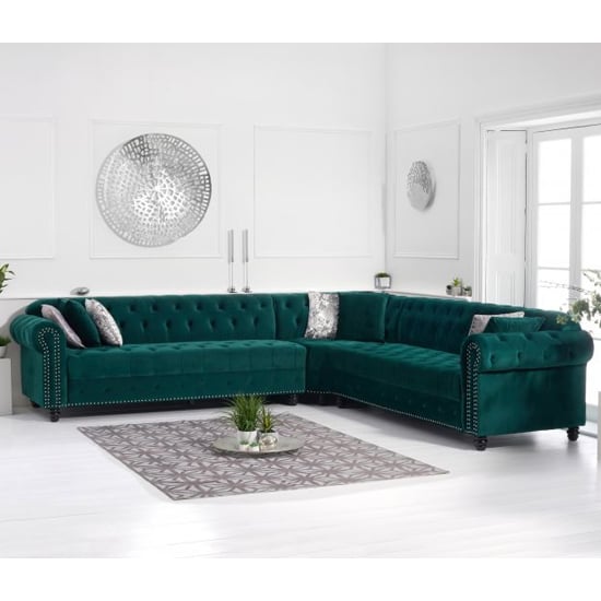 Bicasto Chesterfield Velvet Corner Sofa In Green