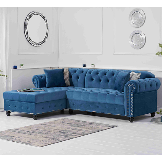 Bicasto Velvet Left Facing Corner Chaise Sofa In Blue