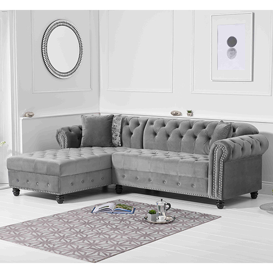 Ex display brema grey velvet 3 seater chaise corner sofa with gold