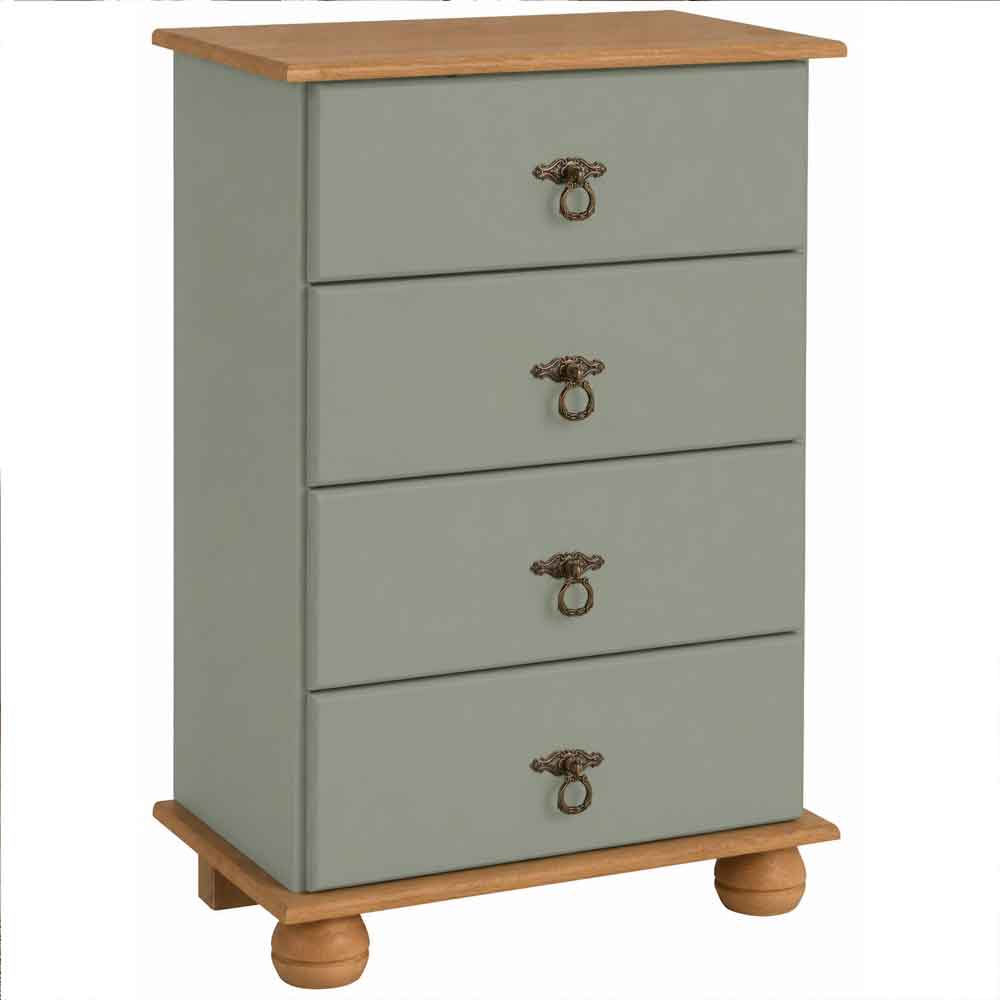 Bickley Wooden Chest Of 4 Drawers in Green and Stained Wax
