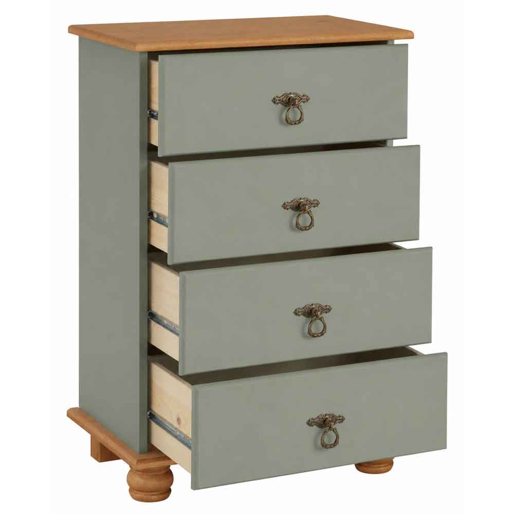 Bickley Wooden Chest Of 4 Drawers in Green and Stained Wax