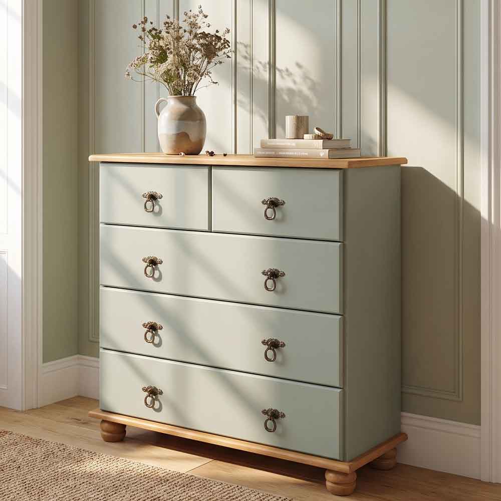 Bickley Wooden Chest Of 5 Drawers in Green and Stained Wax