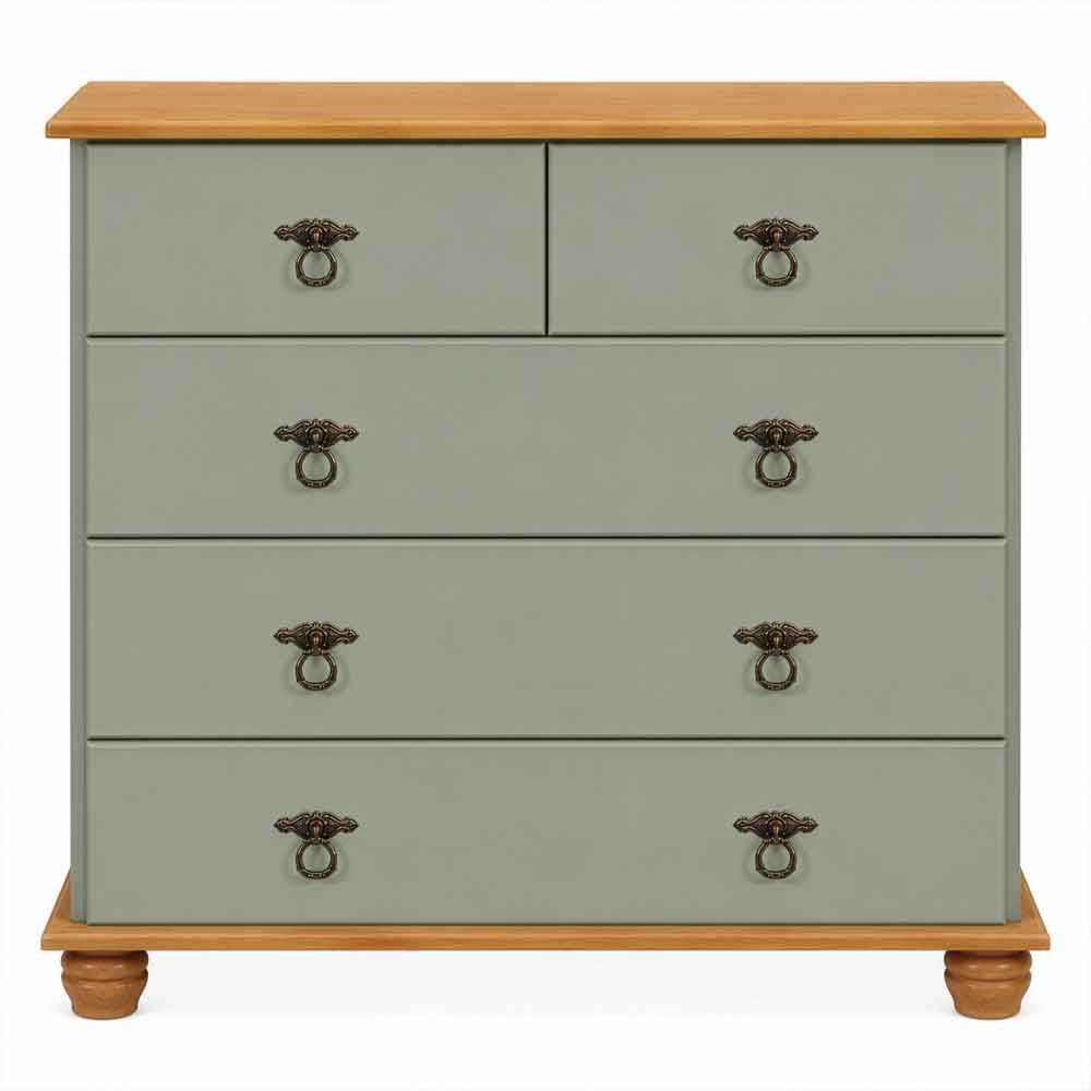 Bickley Wooden Chest Of 5 Drawers in Green and Stained Wax