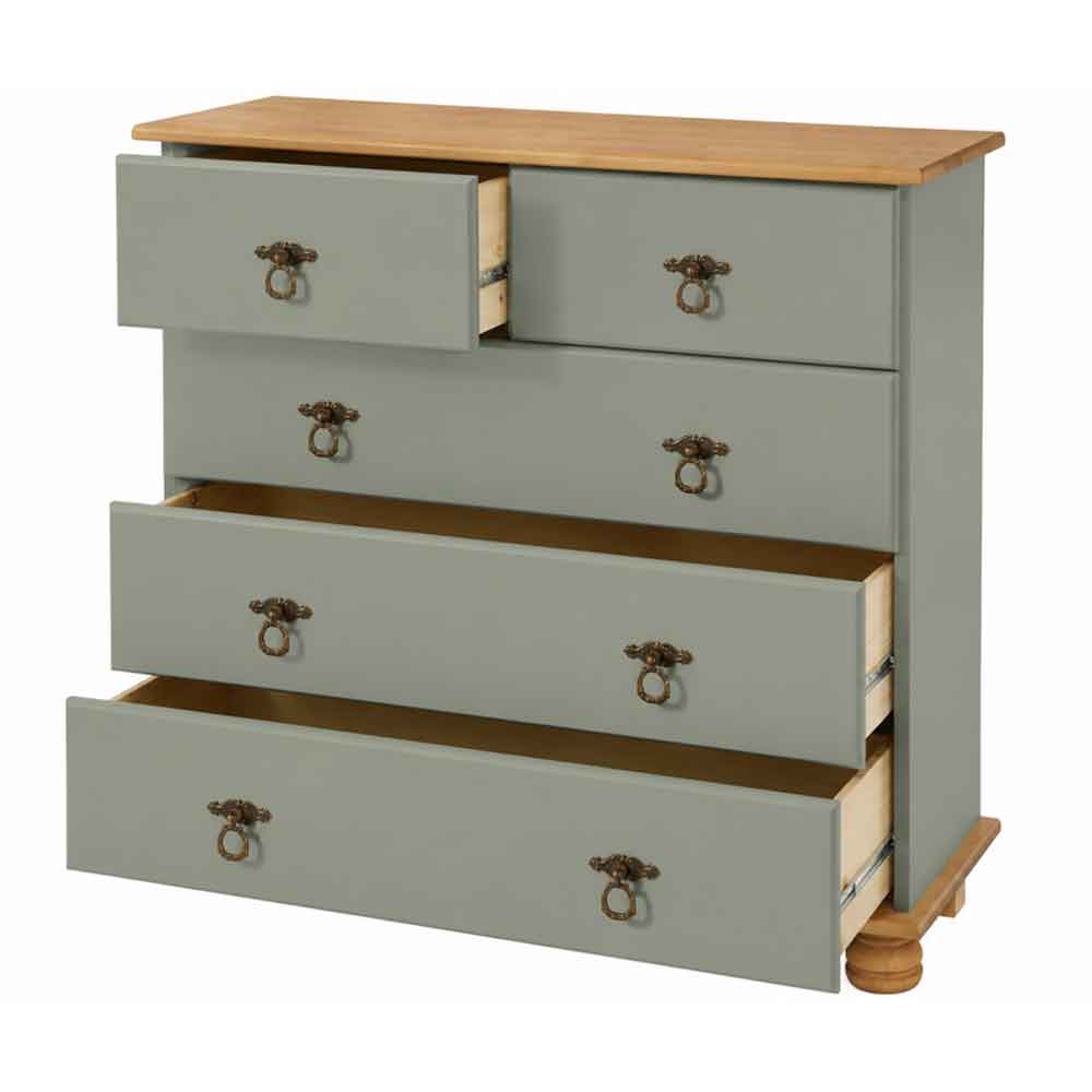 Bickley Wooden Chest Of 5 Drawers in Green and Stained Wax