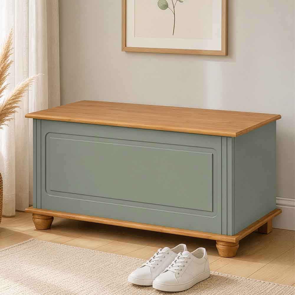 Bickley Wooden Hallway Storage Bench in Green and Stained Wax