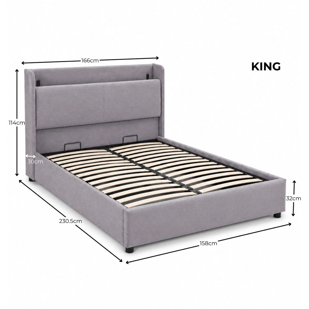 Bicknell Fabric Ottoman Storage King Size Bed with USB Charging in Grey