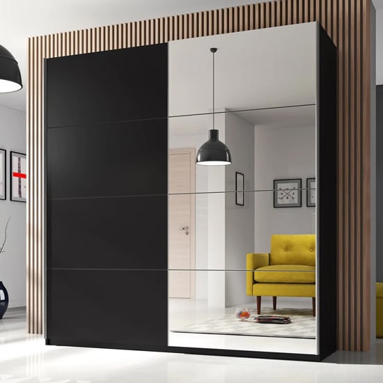 Product photograph of Biella Wooden Wardrobe 2 Sliding Doors 180cm In Matt Black from Furniture in Fashion