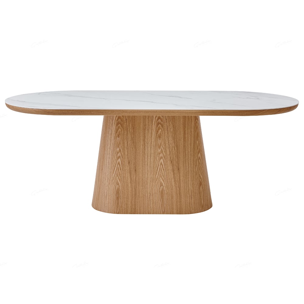 Bilbao Sintered Stone Oval Dining Table In White And Beech