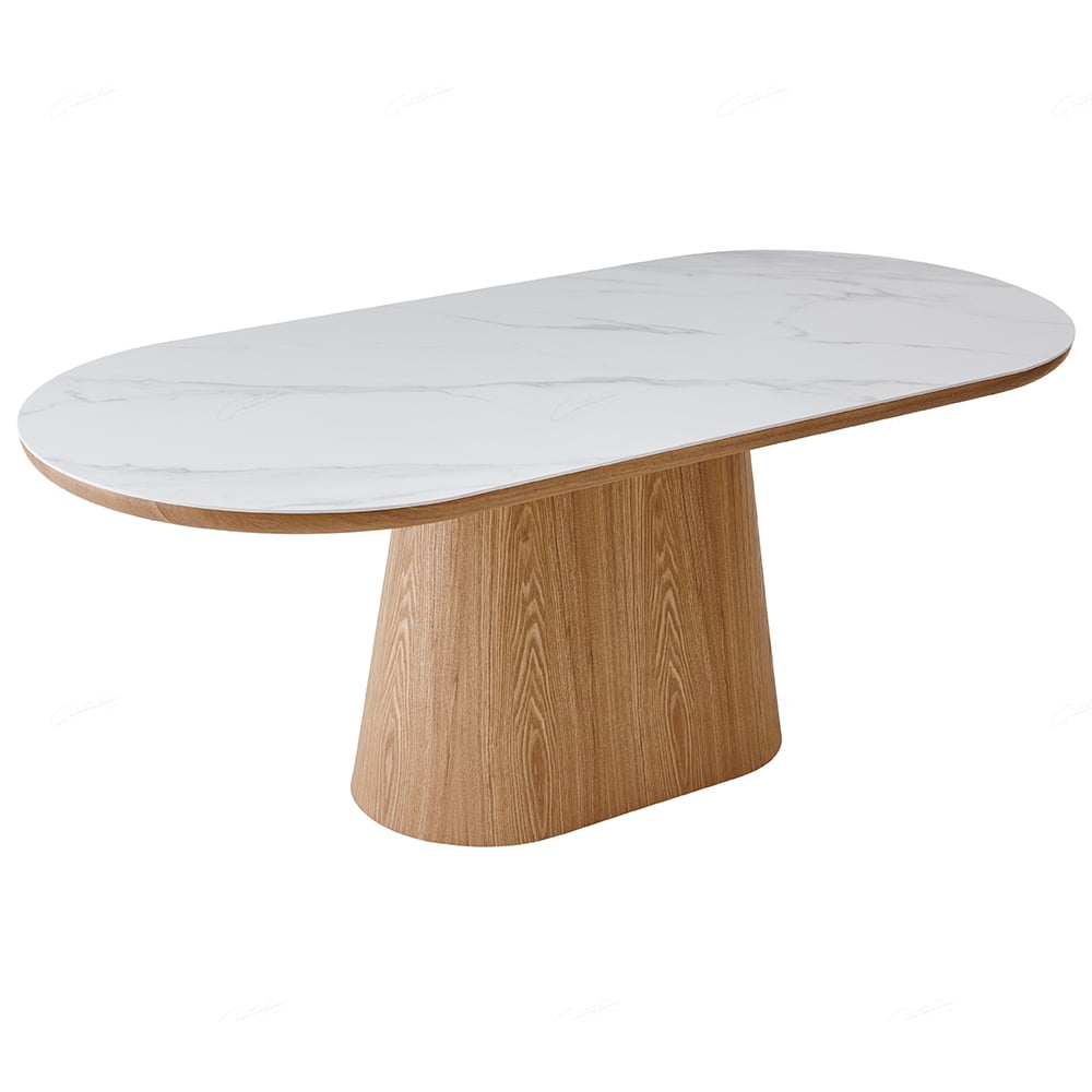 Bilbao Sintered Stone Oval Dining Table In White And Beech
