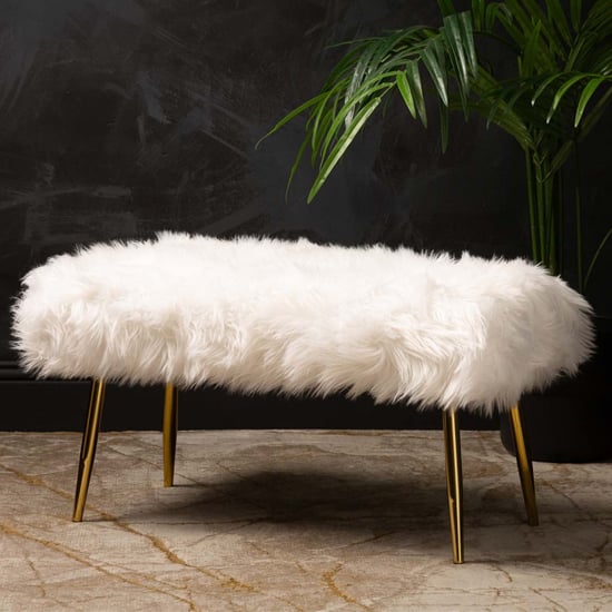 Product photograph of Biloxi Faux Fur Hallway Seating Bench In White With Gold Legs from Furniture in Fashion